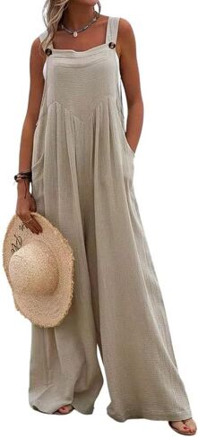 بذلة نسائية صيفية فضفاضة من yoeasy بأرجل واسعة وجيب مزدوج وسروال طويل (صغير، كاكي) in Kuwait