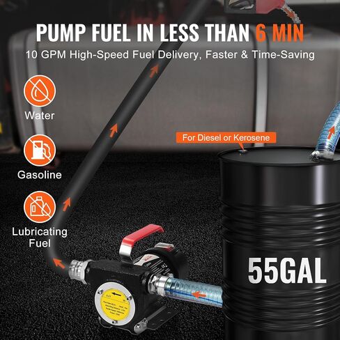 VEVOR Fuel Transfer Pump, 12V DC 10 GPM 1/4 HP, Portable Electric Diesel Transfer Pump with Automatic Shut-Off Fuel Nozzle, High Flow, Long Inlet & Outlet Hose for Diesel, Kerosene, Transformer Fuel in Saudi Arabia
