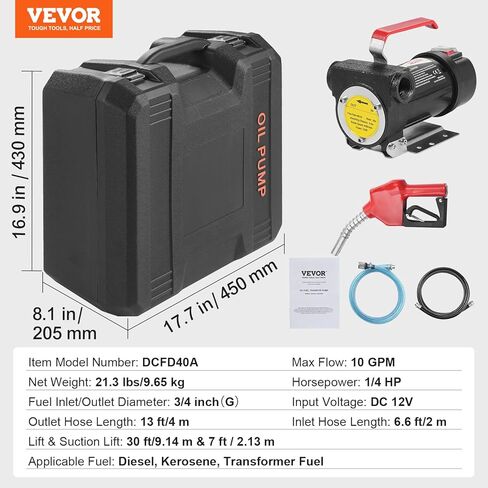 VEVOR Fuel Transfer Pump, 12V DC 10 GPM 1/4 HP, Portable Electric Diesel Transfer Pump with Automatic Shut-Off Fuel Nozzle, High Flow, Long Inlet & Outlet Hose for Diesel, Kerosene, Transformer Fuel in Saudi Arabia