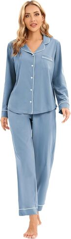 LUBOT 100% Cotton Pajamas for Women PJ Set Soft Button-Down 2 Piece Set Knitted Long Sleeve Sleepwear Loungewear XS-XXL in Kuwait