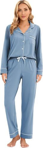 LUBOT 100% Cotton Pajamas for Women PJ Set Soft Button-Down 2 Piece Set Knitted Long Sleeve Sleepwear Loungewear XS-XXL in Kuwait