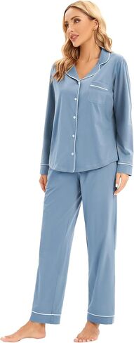 LUBOT 100% Cotton Pajamas for Women PJ Set Soft Button-Down 2 Piece Set Knitted Long Sleeve Sleepwear Loungewear XS-XXL in Kuwait