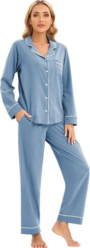 LUBOT 100% Cotton Pajamas for Women PJ Set Soft Button-Down 2 Piece Set Knitted Long Sleeve Sleepwear Loungewear XS-XXL in Kuwait