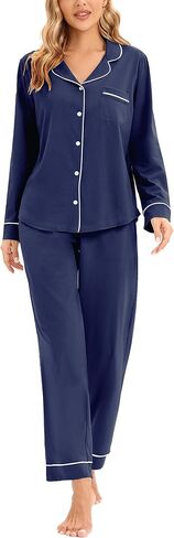LUBOT 100% Cotton Pajamas for Women PJ Set Soft Button-Down 2 Piece Set Knitted Long Sleeve Sleepwear Loungewear XS-XXL in Kuwait