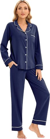 LUBOT 100% Cotton Pajamas for Women PJ Set Soft Button-Down 2 Piece Set Knitted Long Sleeve Sleepwear Loungewear XS-XXL in Kuwait