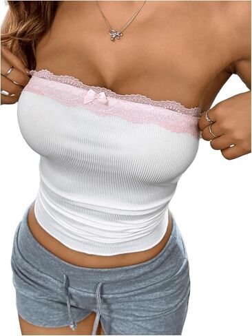 SOLY HUX Women's Lace Trim Strapless Tube Top Sleeveless Bandeau Shirts Y2k Summer Going Out Crop Tops Streetwear in Saudi Arabia