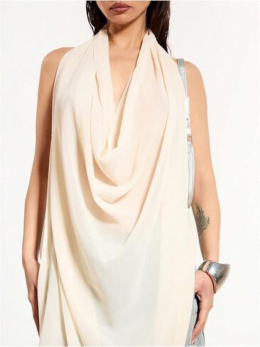 قميص OYOANGLE نسائي بدون ظهر ورقبة متدلية بدون أكمام مع ثنيات أمامية من الشيفون العصري in Kuwait