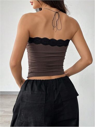 SOLY HUX Women's Lace Trim Strapless Tube Top Sleeveless Bandeau Shirts Y2k Summer Going Out Crop Tops Streetwear in Saudi Arabia