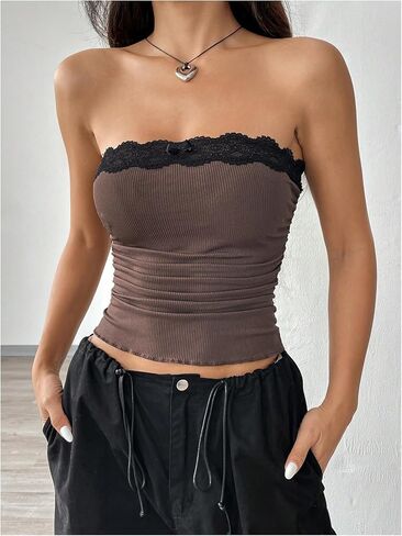 SOLY HUX Women's Lace Trim Strapless Tube Top Sleeveless Bandeau Shirts Y2k Summer Going Out Crop Tops Streetwear in Saudi Arabia