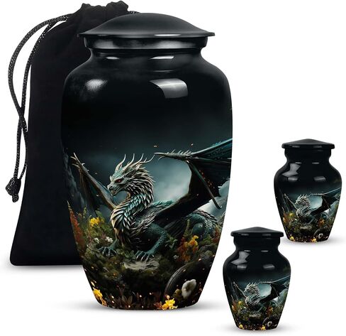 Dragon of Enchanted Woods - Combo of 1 Large Urn with Velvet Bag and 2 Small - Keepsake Cremation Urns for Human Ashes Adult Set of Large & Small Keepsake for Male & Female - Unique Urns, Black in Saudi Arabia
