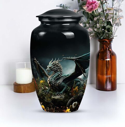 Dragon of Enchanted Woods - Combo of 1 Large Urn with Velvet Bag and 2 Small - Keepsake Cremation Urns for Human Ashes Adult Set of Large & Small Keepsake for Male & Female - Unique Urns, Black in Saudi Arabia