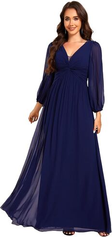 Ever-Pretty Women's V-Neck Lantern Sleeves A-Line Pleated Chiffon Maxi Formal Dress 02235 in Kuwait