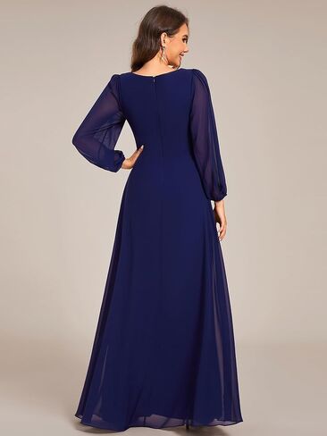 Ever-Pretty Women's V-Neck Lantern Sleeves A-Line Pleated Chiffon Maxi Formal Dress 02235 in Kuwait
