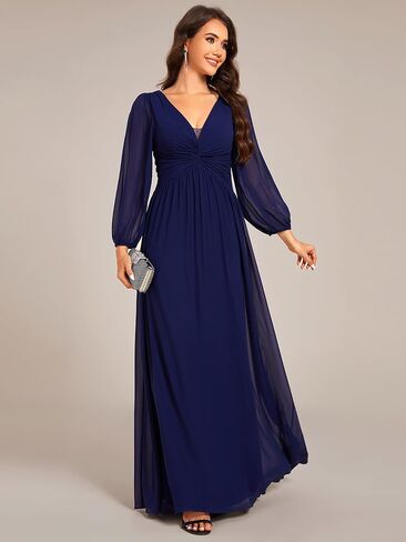 Ever-Pretty Women's V-Neck Lantern Sleeves A-Line Pleated Chiffon Maxi Formal Dress 02235 in Kuwait