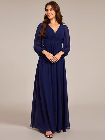 Ever-Pretty Women's V-Neck Lantern Sleeves A-Line Pleated Chiffon Maxi Formal Dress 02235 in Kuwait