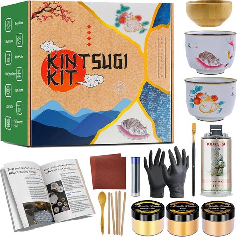 طقم إصلاح Bio Kintsugi Gold آمن للطعام مع كوبين من السيراميك وراتنج مطور وكتيب كامل من 15 صفحة، 60 جرام مسحوق معدني ظلال ذهبية 50 مل من الراتنج DIY مجموعات حرفية يابانية لإصلاح الفخار للبالغين in Saudi Arabia