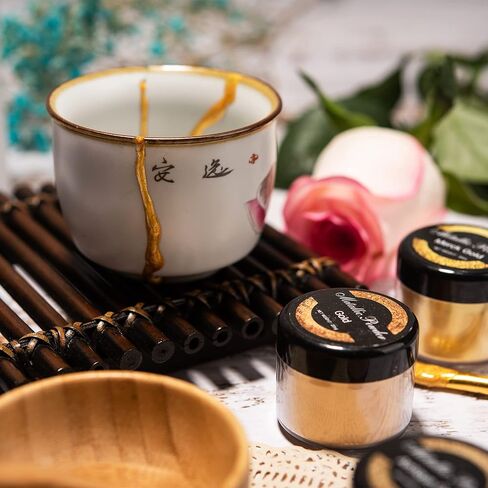 طقم إصلاح Bio Kintsugi Gold آمن للطعام مع كوبين من السيراميك وراتنج مطور وكتيب كامل من 15 صفحة، 60 جرام مسحوق معدني ظلال ذهبية 50 مل من الراتنج DIY مجموعات حرفية يابانية لإصلاح الفخار للبالغين in Saudi Arabia