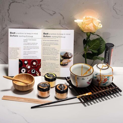 طقم إصلاح Bio Kintsugi Gold آمن للطعام مع كوبين من السيراميك وراتنج مطور وكتيب كامل من 15 صفحة، 60 جرام مسحوق معدني ظلال ذهبية 50 مل من الراتنج DIY مجموعات حرفية يابانية لإصلاح الفخار للبالغين in Saudi Arabia