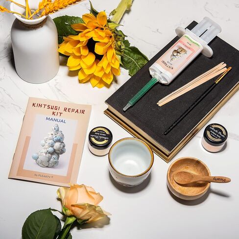 طقم إصلاح Bio Kintsugi Gold آمن للطعام مع كوبين من السيراميك وراتنج مطور وكتيب كامل من 15 صفحة، 60 جرام مسحوق معدني ظلال ذهبية 50 مل من الراتنج DIY مجموعات حرفية يابانية لإصلاح الفخار للبالغين in Saudi Arabia