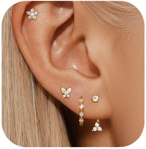 Gold Stud Earrings For Women Trendy,14k Gold Hypoallergenic Huggie Earrings,Cartilage Flatback Stud Earrings,4 Pairs Butterfly Flower Cute Earrings For Sensitive Ears in Saudi Arabia
