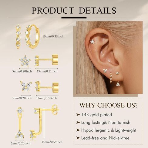 Gold Stud Earrings For Women Trendy,14k Gold Hypoallergenic Huggie Earrings,Cartilage Flatback Stud Earrings,4 Pairs Butterfly Flower Cute Earrings For Sensitive Ears in Saudi Arabia