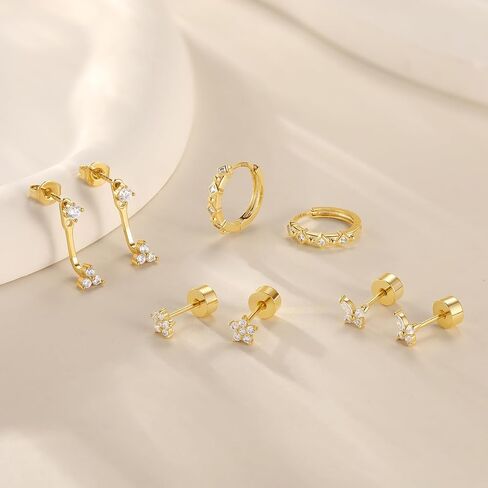 Gold Stud Earrings For Women Trendy,14k Gold Hypoallergenic Huggie Earrings,Cartilage Flatback Stud Earrings,4 Pairs Butterfly Flower Cute Earrings For Sensitive Ears in Saudi Arabia