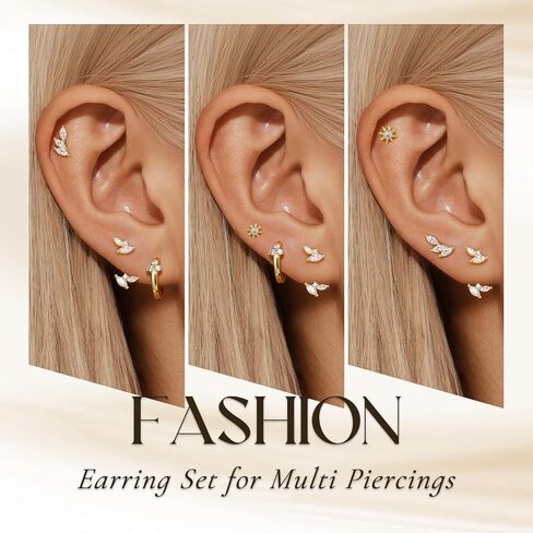 أقراط ذهبية للنساء العصرية، أقراط هوجي من الذهب عيار 14 قيراط مضادة للحساسية، أقراط غضروفية مسطحة الظهر، 4 أزواج من الأقراط اللطيفة على شكل زهرة الفراشة للأذنين الحساسة in Kuwait
