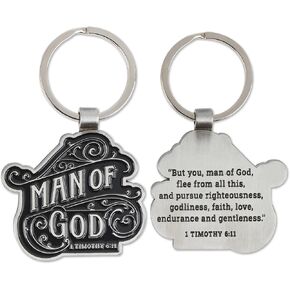 Christian Art Gifts Inspirational Scripture Metal Keychain for Men, Dads, Students, Grads: Man of God Encoruaging Bible Verse, Stylish Stamped Keyring Accessory, Car Keys, Lanyards, Silver & Black