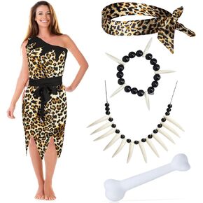 Yewong Caveman Costume Set Includes Tunic Kit Tooth Necklace Cave Bat Barefoot Feet Slipper for Halloween Prehistoric Cosplay