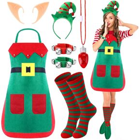 7 Pcs Elf Costume for Women Christmas Elf Ears Hat Apron Wristband with Jingle Bells Shoes Felt Striped Stockings