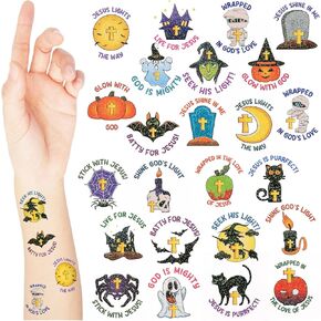 Landhoow 240 Pcs Christian Tattoos Religious Halloween Temporary Tattoos for Kids Glitter Halloween Bible Pumpkins Bats Spiders Stickers for Religious Halloween Themed Party Supply