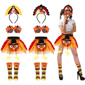 Xtinmee 8 Pcs Thanksgiving Turkey Costumes for Women Trot Tutu Skirt Headband Glasses Woven Knee High Socks for Autumn Fall Outfit