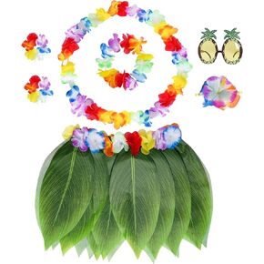 7 Pieces Hula Outfits Hawaiian, Hawaiian Flowers Leaf Skirts Hawaiian Flower Skirts for Women Dress Outfits Tropical Grass Skirts Fortuning’s Costume for Beach Party Favors Halloween Cosplay