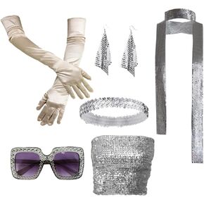 6PCS Womens Disco Costume Accessories 70s Sequin Costume Jewelry Set Tube Top Scarf Sunglasses Earrings Headband Gloves
