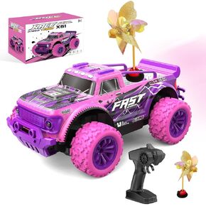 Remote Control Car for Girls: 2.4GHz Pink Purple Monster Truck Toys with DIY Windmills, 20Km/h All Terrain Fast Hobby RC Cars with Light and 2 Rechargeable Batteries for kids Christmas Birthday Gift