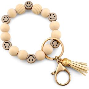 Tassel Smiley Key Chain Bracelet for Women Wooden Happy Faces Beaded Key Chain Wristlet Keychain for Car Keys