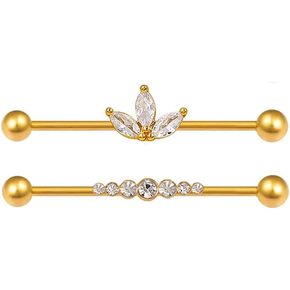 2Pcs 14G Stainless Steel Industrial Barbell 38mm Long Indusrial Cartilage Earrings Industrial Piercing Jewelry Cubic Zirconia Industrial Bar for Women