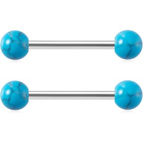 14G Stainless Steel Nipple Rings Turquoise White Ball Straight Barbell Bars Tongue Ring 16mm(5/8Inch) Body Piercing Jewelry
