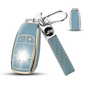 QBUC for Mercedes Benz Key fob Cover, TPU Car Key Case Protector with leather Keychain Compatible with Mercedes-Benz 2017-2021 E-Class S-Class 2019-2023 A-Class C-Class G-Class, Blue