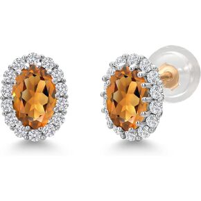 Gem Stone King 10K Solid Gold Post and Sterling Silver 6X4MM Oval Gemstone Birthstone and White Lab Grown Diamond Halo Earrings For Women