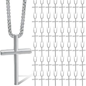 Kigeli 48 Pcs Cross Necklace Bulk Silver Stainless Steel Cross Pendant Chain Necklace for Men or Kids Birthday Gift Christian Gift Daily Decoration Faith