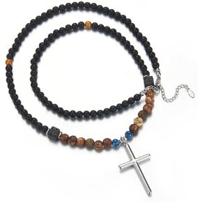 Mens Long Beaded Necklace Natural Stone Bead Necklace with Pendant Costume Jewelry Birthday Gifts for Men