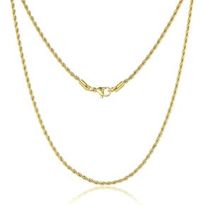 18K Gold Plated Rope Chain Stainless Steel Necklace for Men and Women, Wide 2.5mm 3mm 4mm 5mm