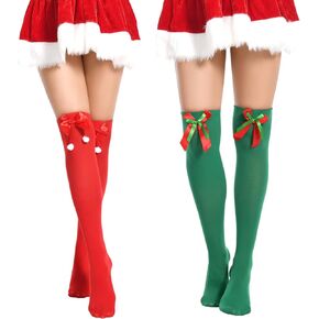 Christmas Thigh High Socks for Women Striped Over the Knee Sexy Stockings with Bows Pack of 2