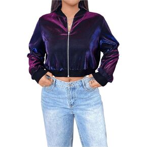 MakeMeChic Women's Plus Size Zip Up Bomber Jacket Long Sleeve Crop Lightweight Coat