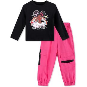 Girls Clothes Fall Cute Pattern Black Long Sleeve Top Work Pants 2Pcs Little Girls Outfit Sets