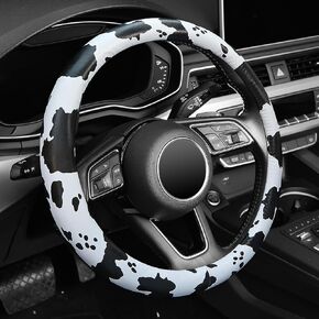 Cow Print Car Steering Wheel Covers, Breathable Microfiber Leather for Women and Men, Universal 15 inch Anti-Slip Steering Wheel Protector, Black