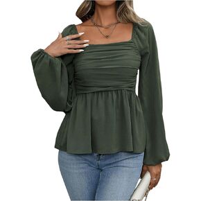 Floerns Women's Bishop Long Sleeve Ruched Square Neck Ruffle Hem Peplum Blouse Top