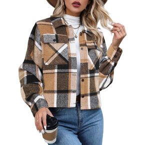 Women's Flannels Cropped Shacket Jacket Fashion Plaid Button Down Shirt 2024 Fall Coat Tops