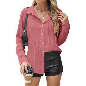 Blooming Jelly Women's Button Down Shirts Linen Long Sleeve Tops Business Casual Outfits Fall Pleated Trendy Blouses